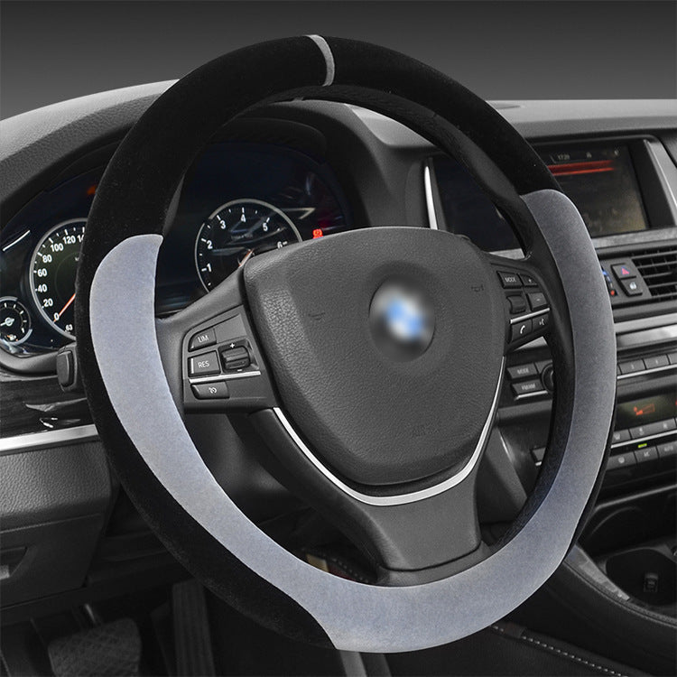 Winter short plush flocking steering wheel cover, soft gray textured car accessory view