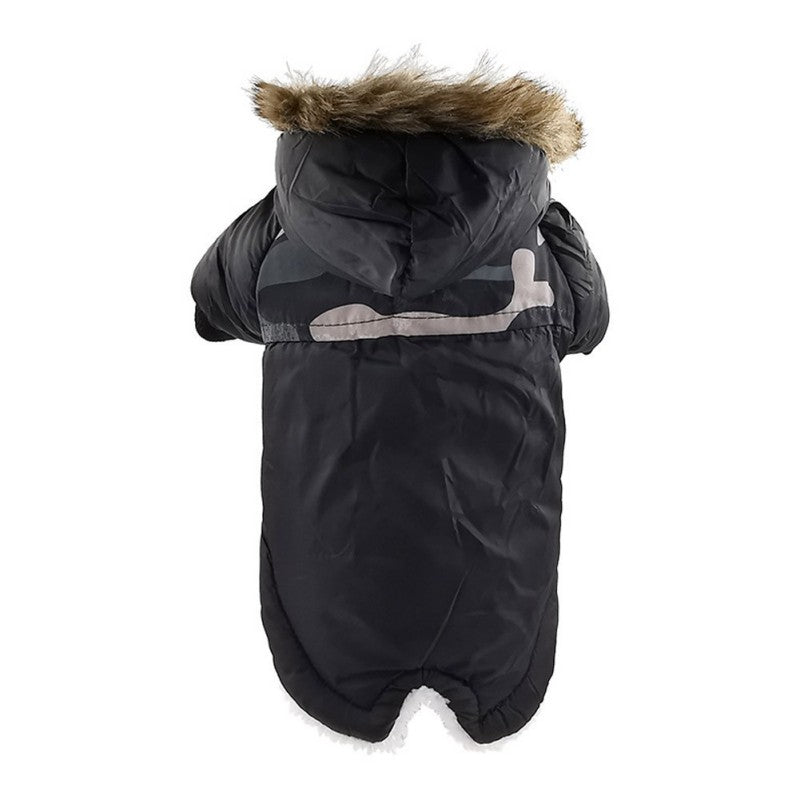 Dog wearing a thickened warm cotton winter coat jacket for pets
