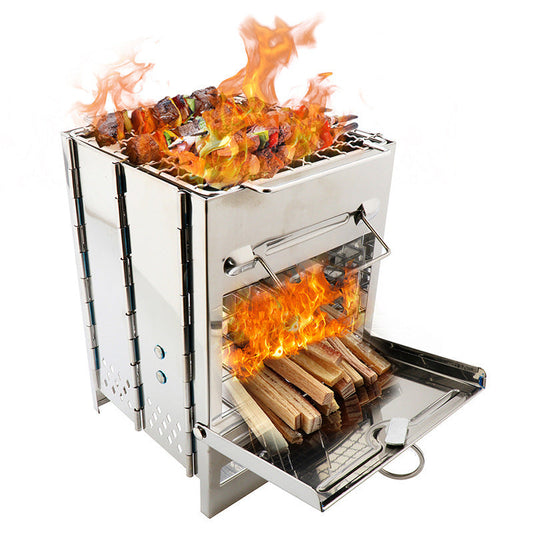 Lightweight adjustable folding camping wood stove for outdoor cooking, picnic, hunting, BBQ, and windproof use