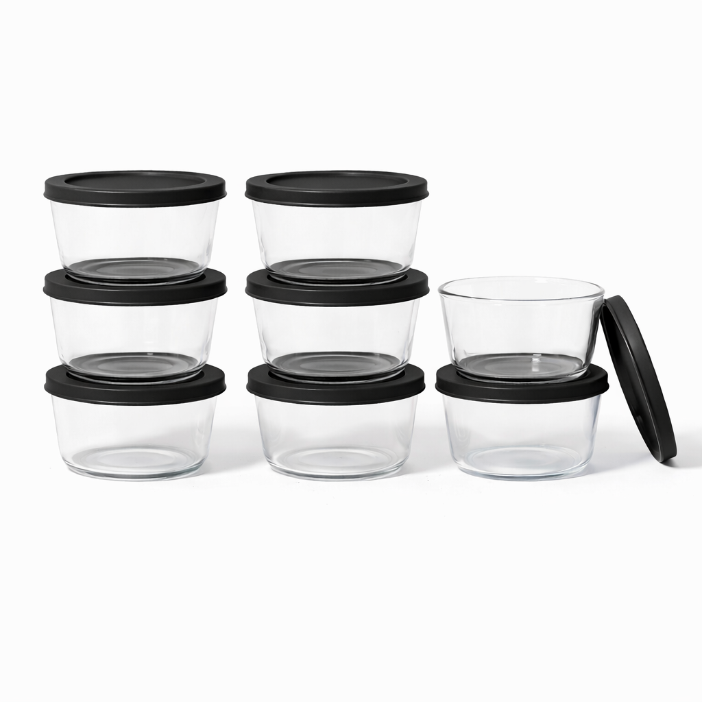 Set of 16 Dura Living glass storage containers with black lids, 1 cup (8 oz) round glassware for kitchen organization.
