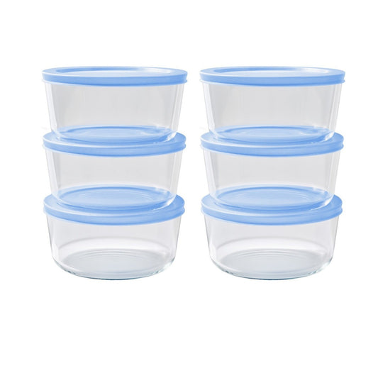 Set of 12 lavender blue glass storage containers with lids, 4 cups (32 oz) each, from Dura Living glassware collection.