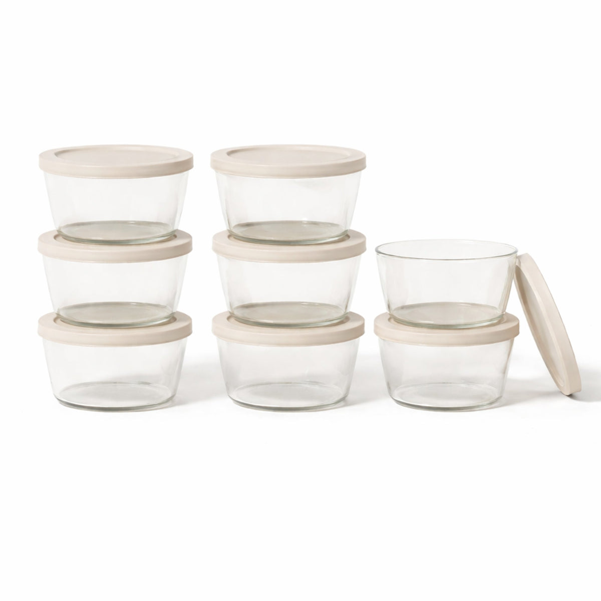 Dura Living 16-piece round glass storage containers with lids in warm beige, 1 cup (8 oz) capacity, clear glassware set.