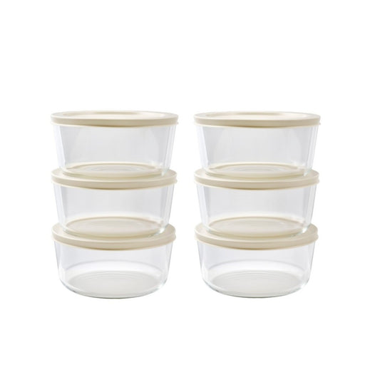 Dura Living 12-piece round glass storage containers with lids, 4 cups/32oz, in warm beige, for kitchen organization and food storage.