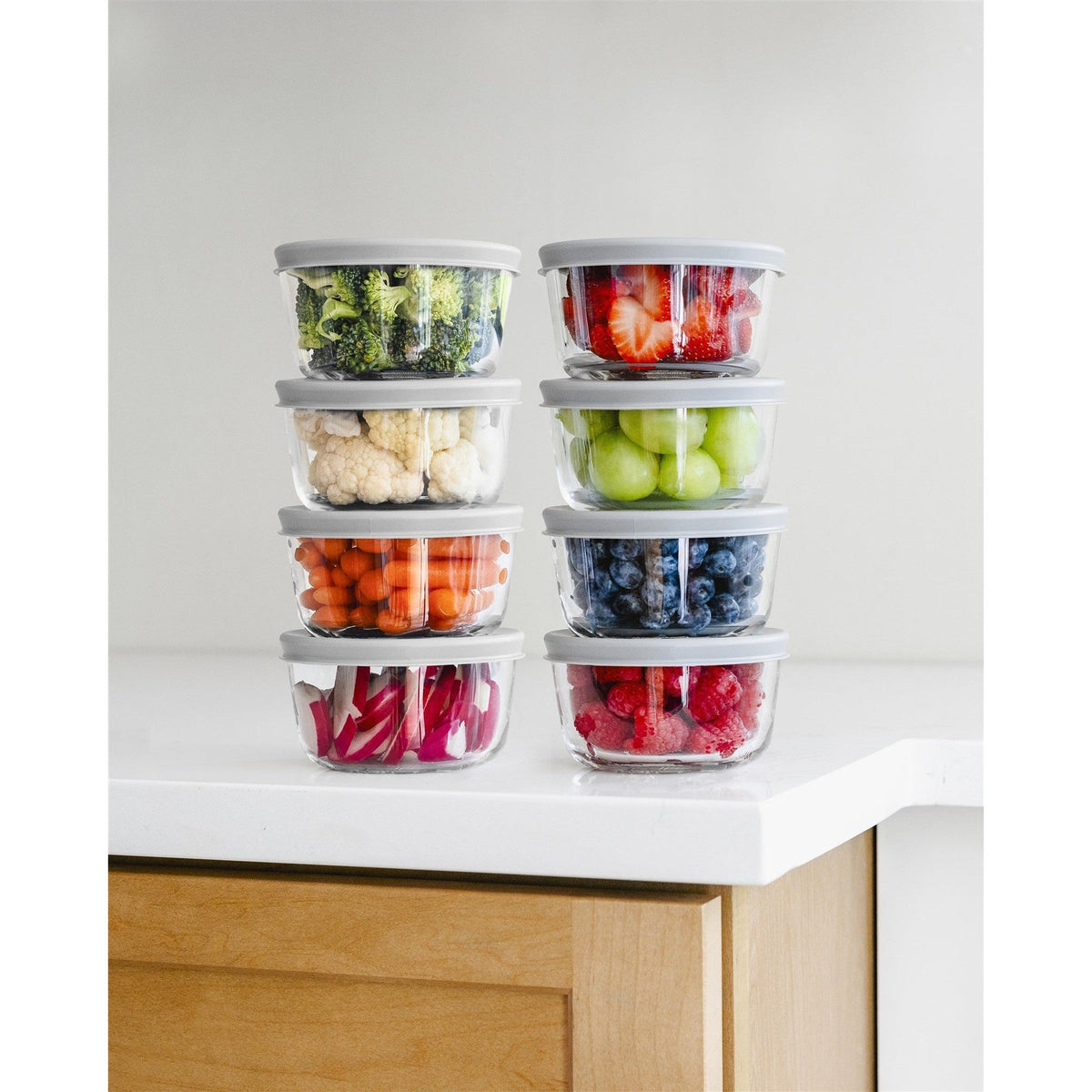 Set of 16 Dura Living round glass storage containers with grey lids, 7oz capacity, for kitchen food storage.