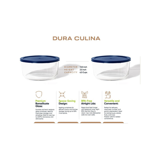 Set of four Dura Living blue glass storage containers with lids, 6.55 cups capacity, round shape, perfect for kitchen organization.