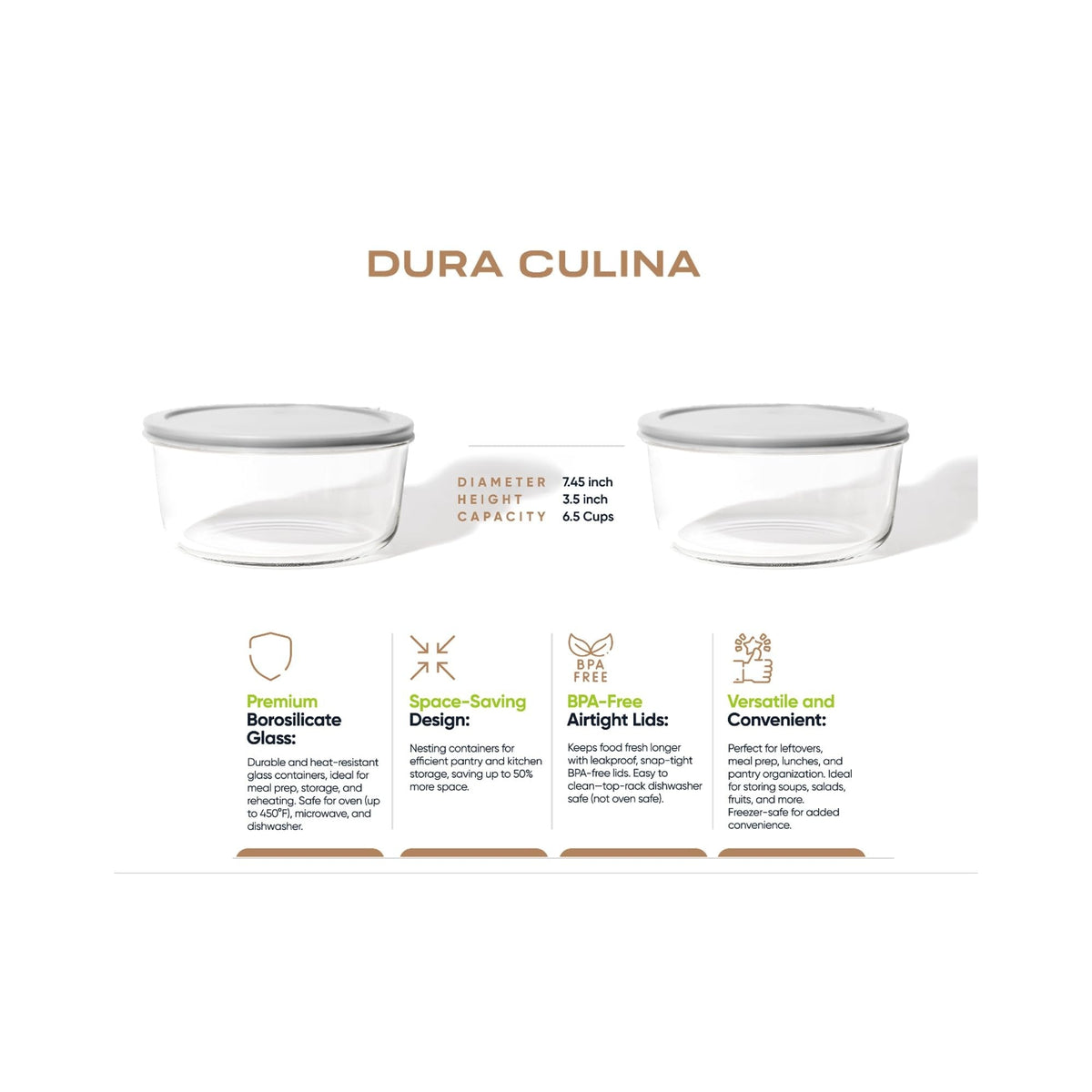 Set of four grey glass storage containers with lids, 6.55 cups capacity, durable Dura Living glassware for kitchen storage.