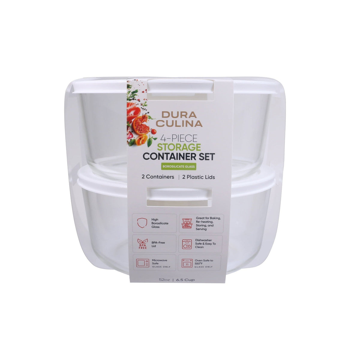 Set of four round glass storage containers with white lids, Dura Living glassware, 6.55 cup capacity, perfect for kitchen organization