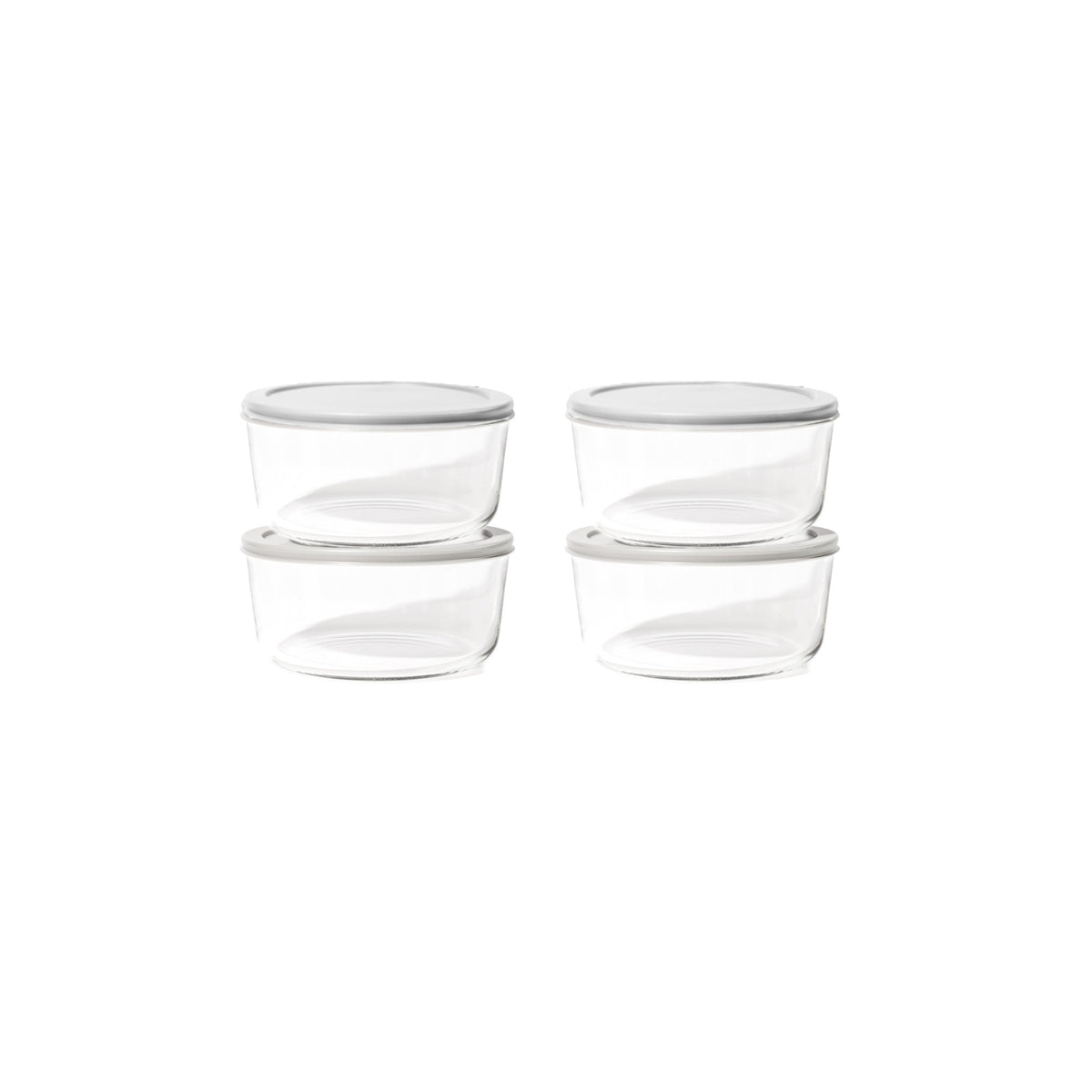 Set of 8 round glass storage containers with grey lids, 6.55 cups capacity, from Dura Living, perfect for kitchen organization.