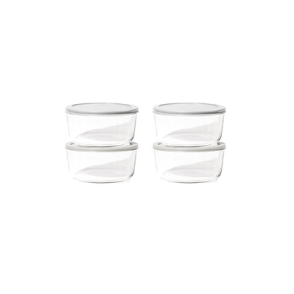 Set of 8 round glass storage containers with grey lids, 6.55 cups capacity, from Dura Living, perfect for kitchen organization.