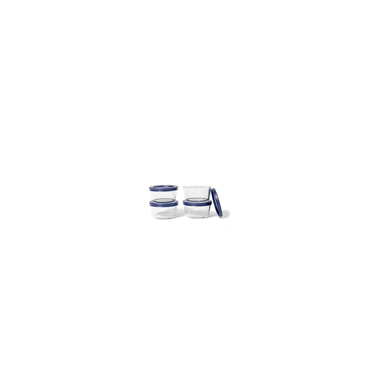 Set of 8 round glass storage containers with blue lids, 7oz capacity, by Dura Living, ideal for kitchen organization and food storage.