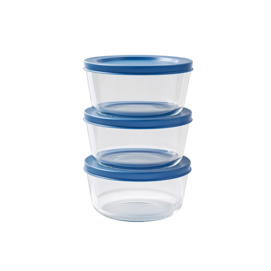 Six Dura Living glass storage containers with lids, 16oz round deep navy glassware set for kitchen organization.