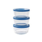 Six Dura Living glass storage containers with lids, 16oz round deep navy glassware set for kitchen organization.