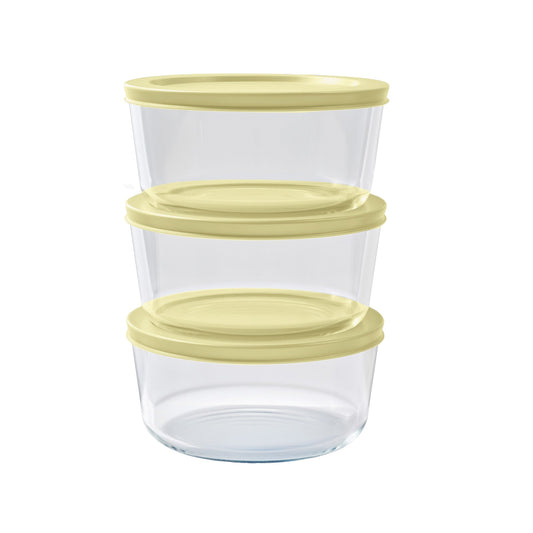 Six Dura Living glass storage containers with yellow lids, round 4-cup (32oz) set for kitchen storage, sunlight yellow color.