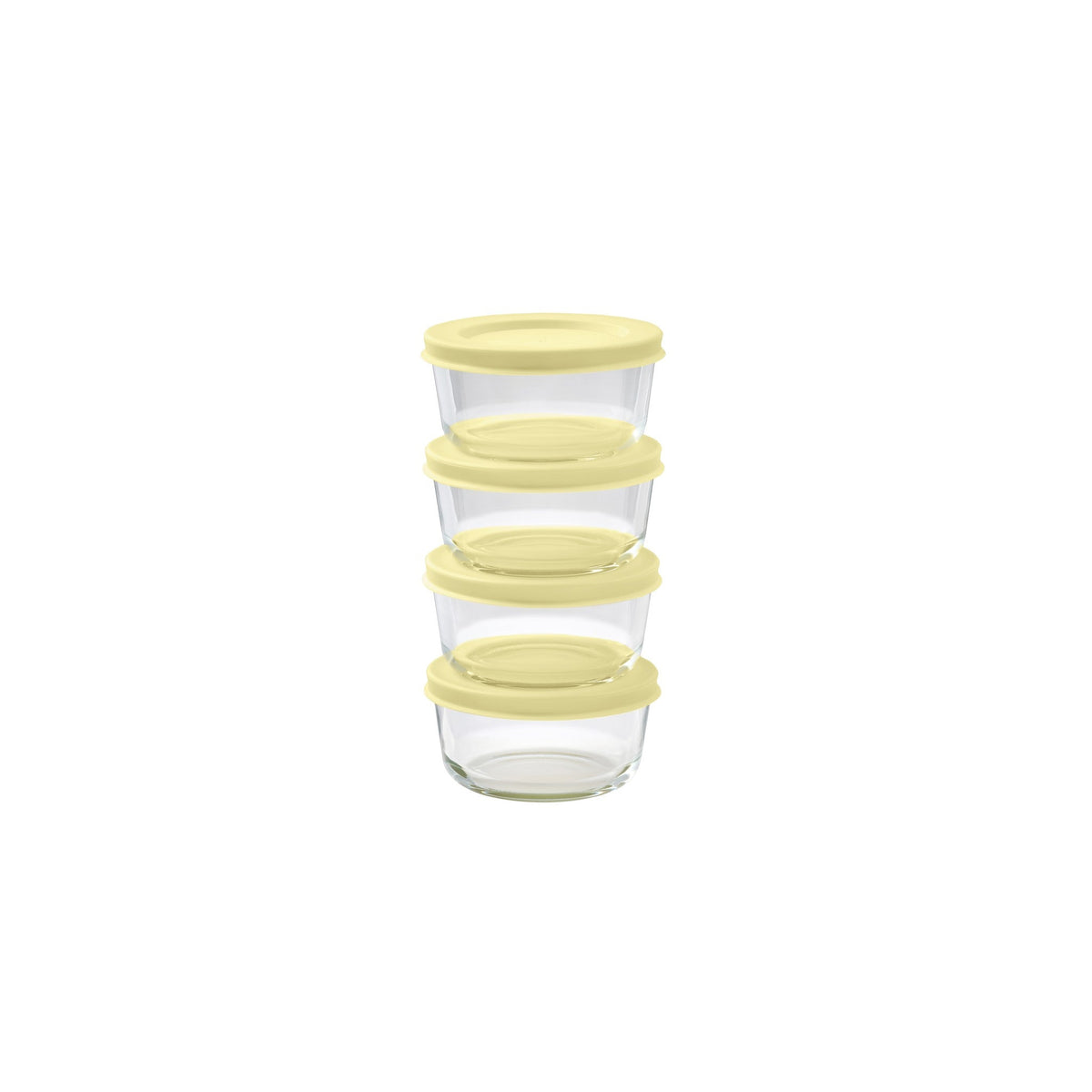 Set of 8 Dura Living glass storage containers with lids, round 1-cup (8 oz) sunlight yellow glassware for kitchen storage.