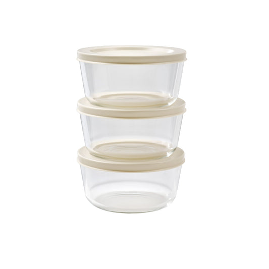Six Dura Living glass storage containers with beige lids, 16 oz round glassware set for kitchen food storage.
