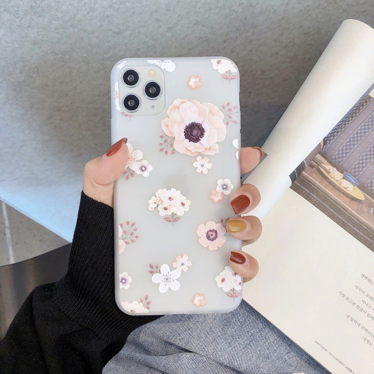 Frosted transparent creative flower phone case with a delicate floral design