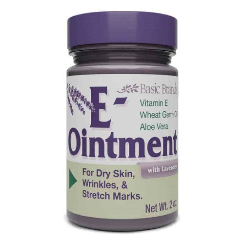 Lavender Vitamin E ointment in a 2 oz jar by Basic Organics Brands, ideal for skin moisturizing and healing.