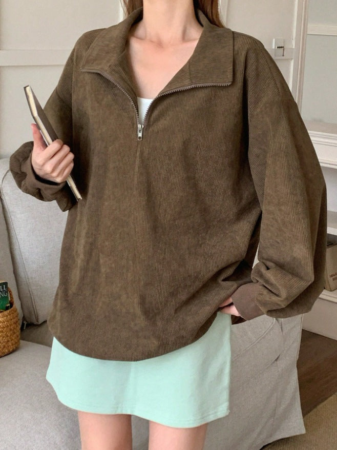 Women's casual corduroy hoodie with leopard print pattern, front view