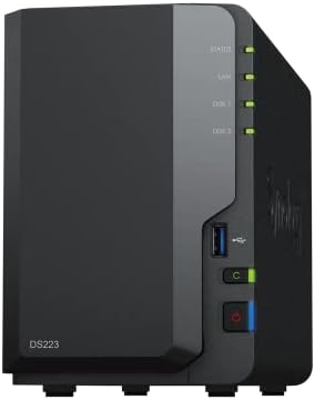 Synology DS223 2-bay diskless NAS network attached storage device for home and office backup, data protection, and monitoring.
