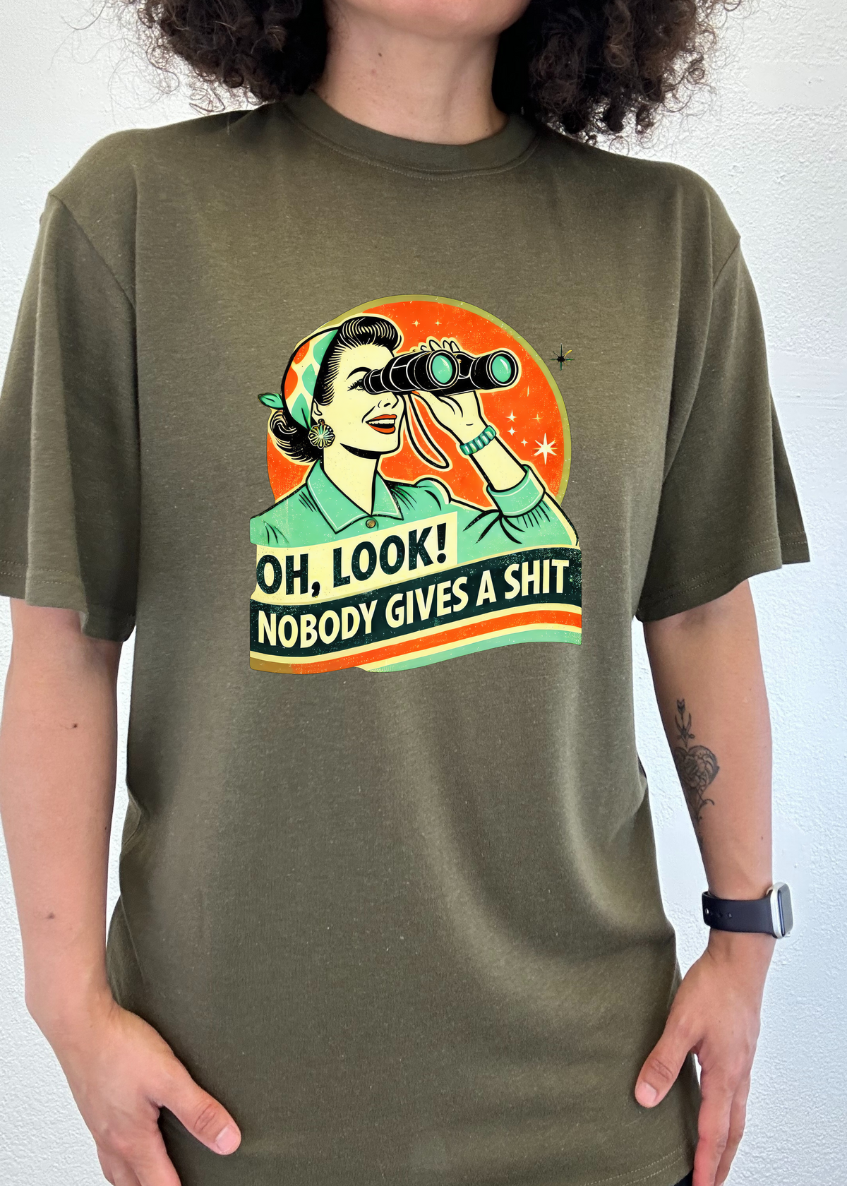 Unisex bamboo and cotton graphic T-shirt featuring funny retro woman design by Spun Bamboo, casual men's printed T-shirt.