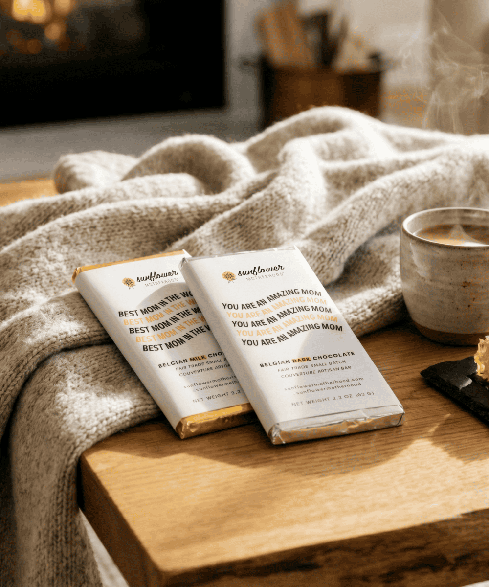 Sunflower Motherhood Belgian chocolate bar showcasing smooth, rich Belgian chocolate with distinctive packaging.