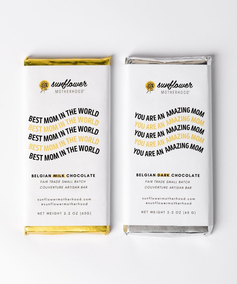 Sunflower Motherhood Belgian chocolate bar showing smooth, dark chocolate with a glossy finish and detailed packaging.