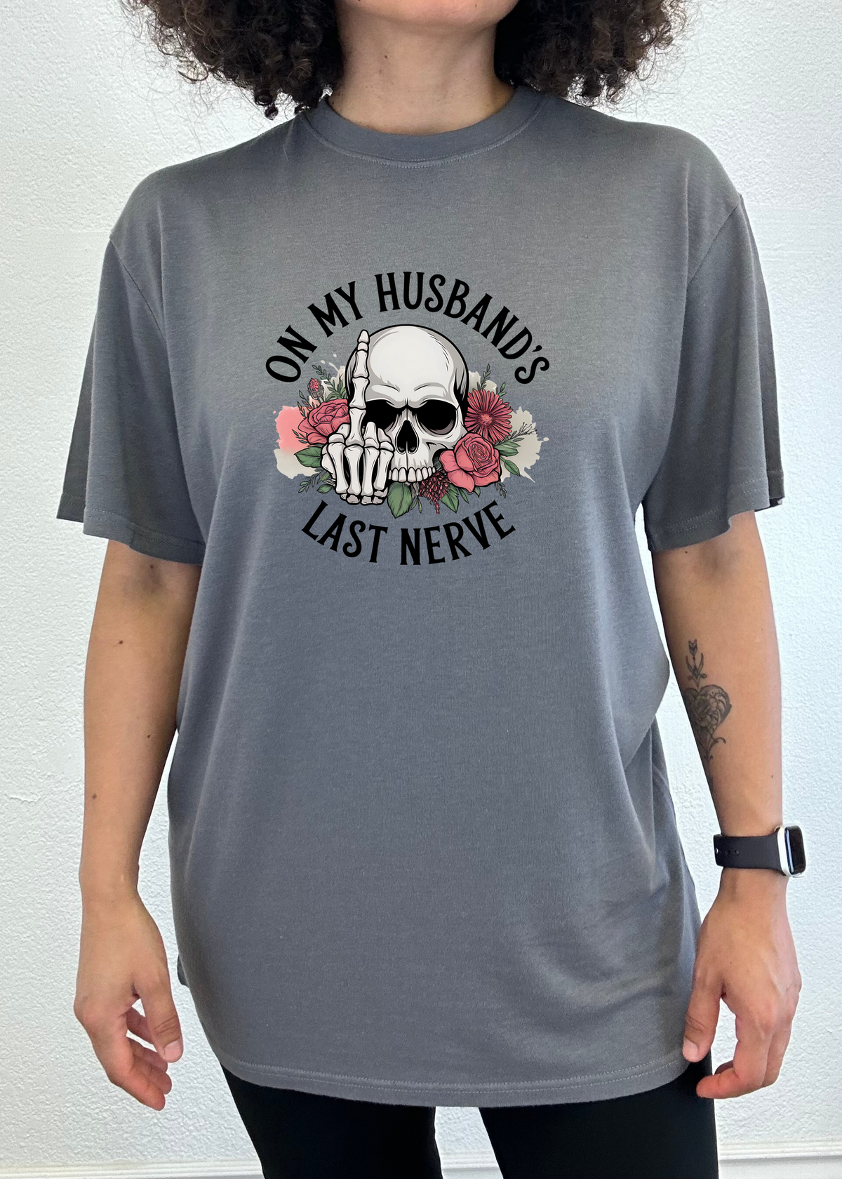 Spun Bamboo men's sublimation graphic T-shirt with humorous "On My Husband's Last Nerve" print in bamboo and cotton fabric.