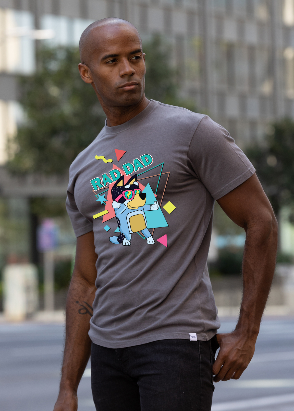 Men's Rad Dad Bluey graphic T-shirt by Spun Bamboo, blue bamboo short sleeve shirt with printed design, casual men's fashion.