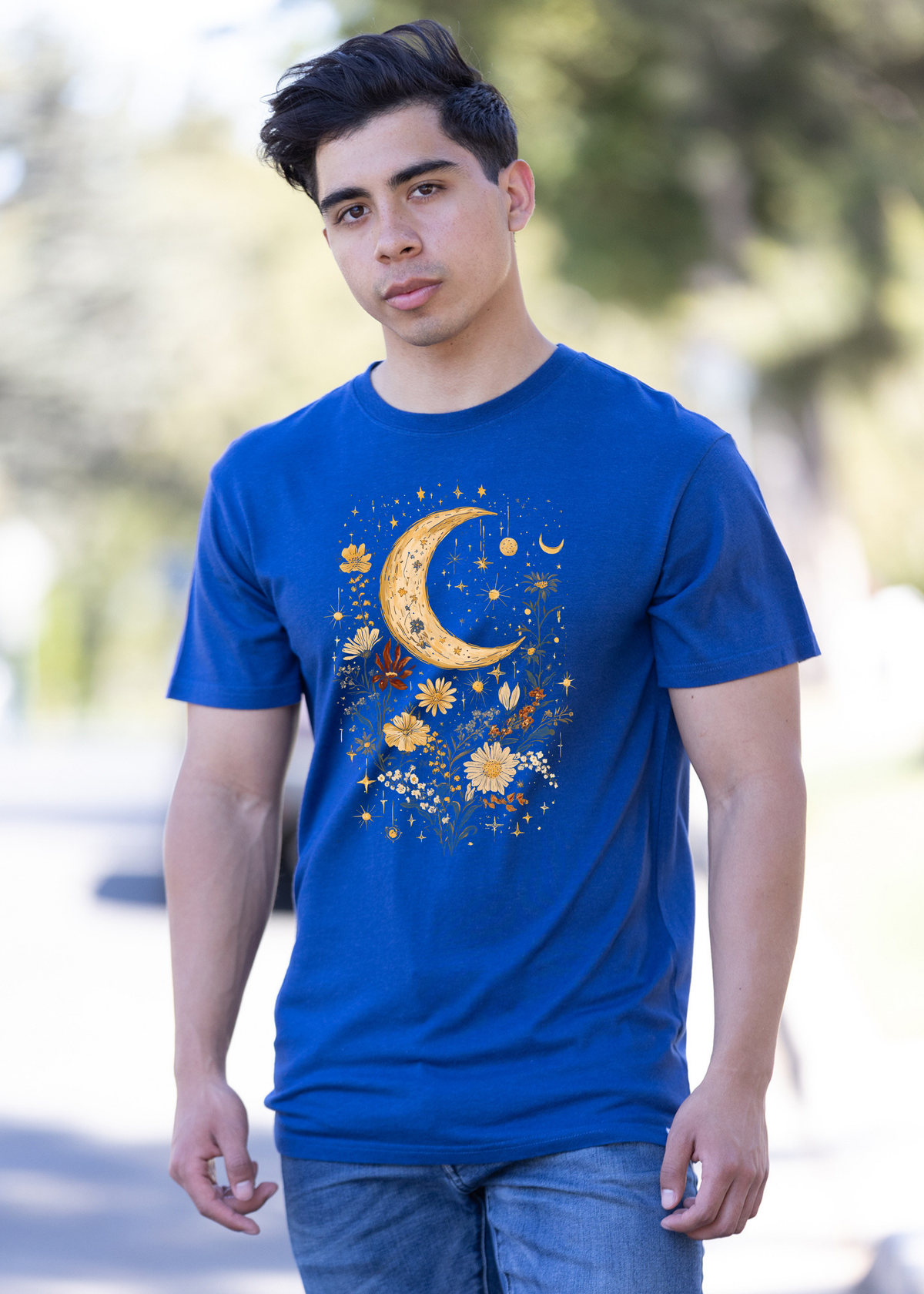 Mens Celestial Moon Boho Flowers vintage graphic T-shirt by Spun Bamboo featuring moon and floral print on bamboo and cotton fabric.