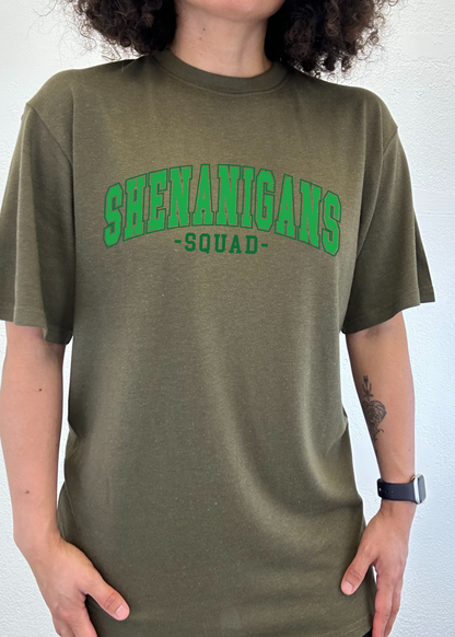 Unisex bamboo and cotton graphic T-shirt featuring the Shenanigans Squad design by Spun Bamboo, casual men's printed tee.