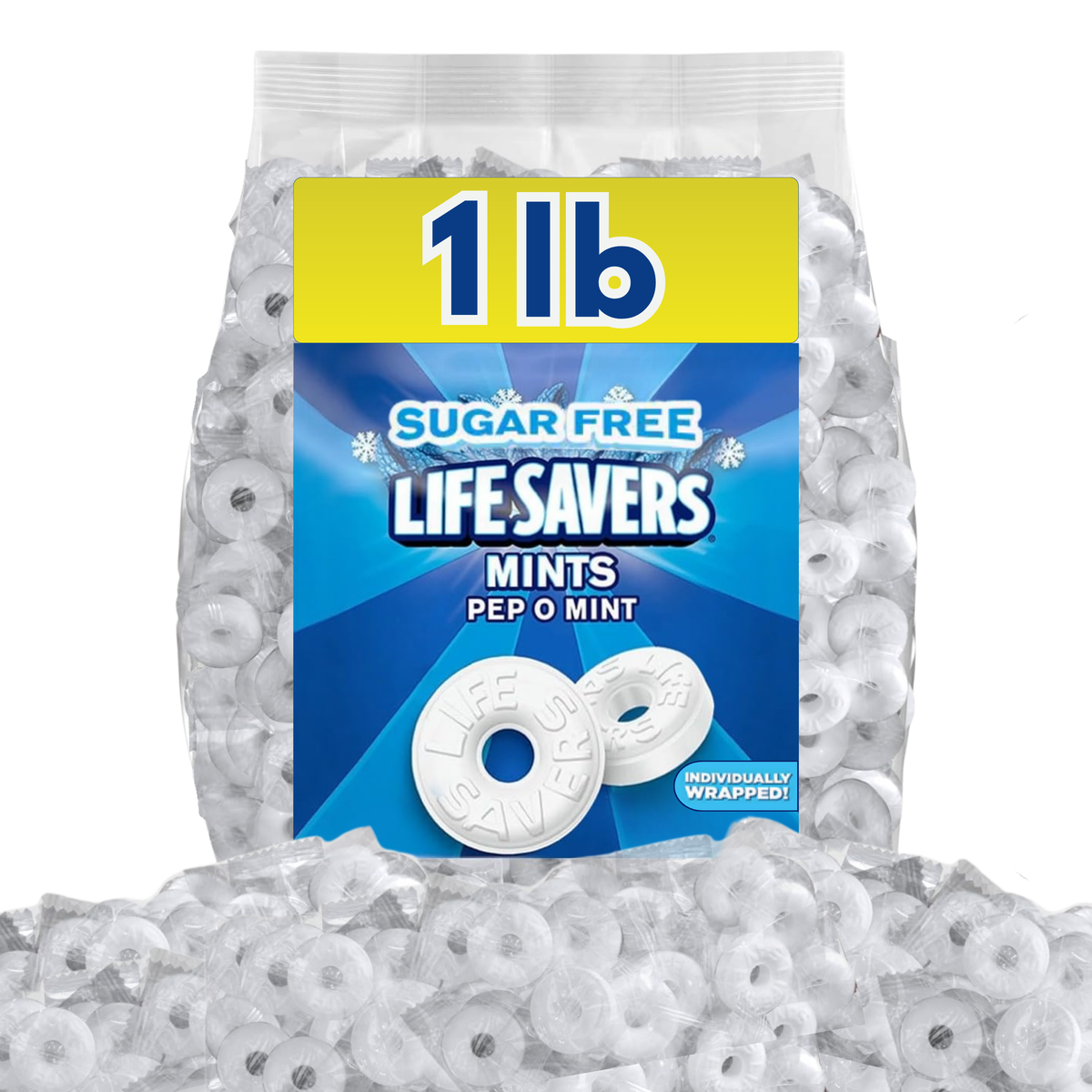Life Savers Sugar Free Pep-O-Mint mints in a bulk Candy In Bulk bag, showing colorful round mint candies.