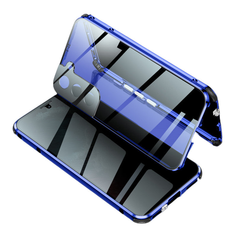 Anti-peeping magnetic phone case with privacy cover, black protective smartphone case close-up