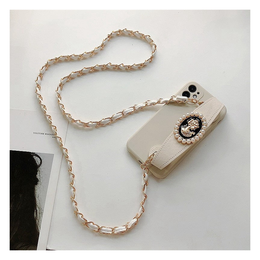 Wrist strap crossbody chain protective case for mobile phones, shown in a clear product view