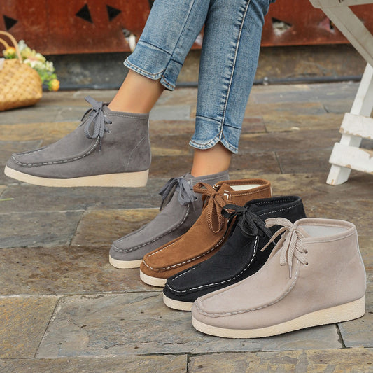 Women's British-style stitched-detail round-toe lace-up ankle boots with hidden heel