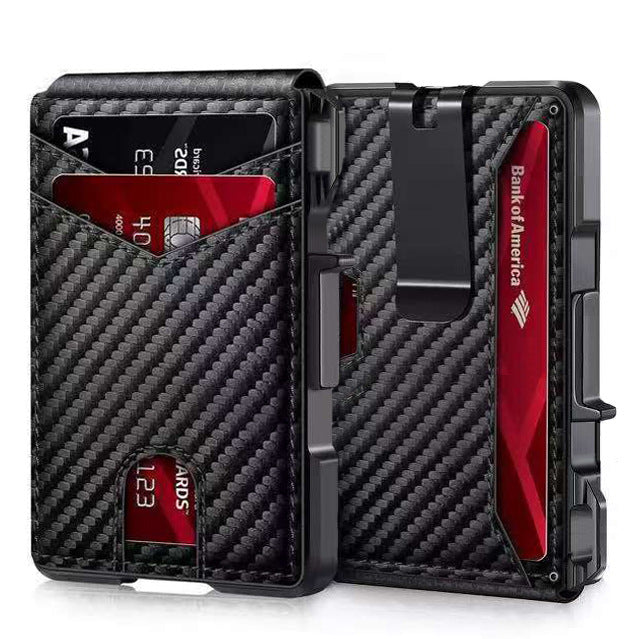 Carbon fiber folding cardholder wallet with slim black design and multiple card slots