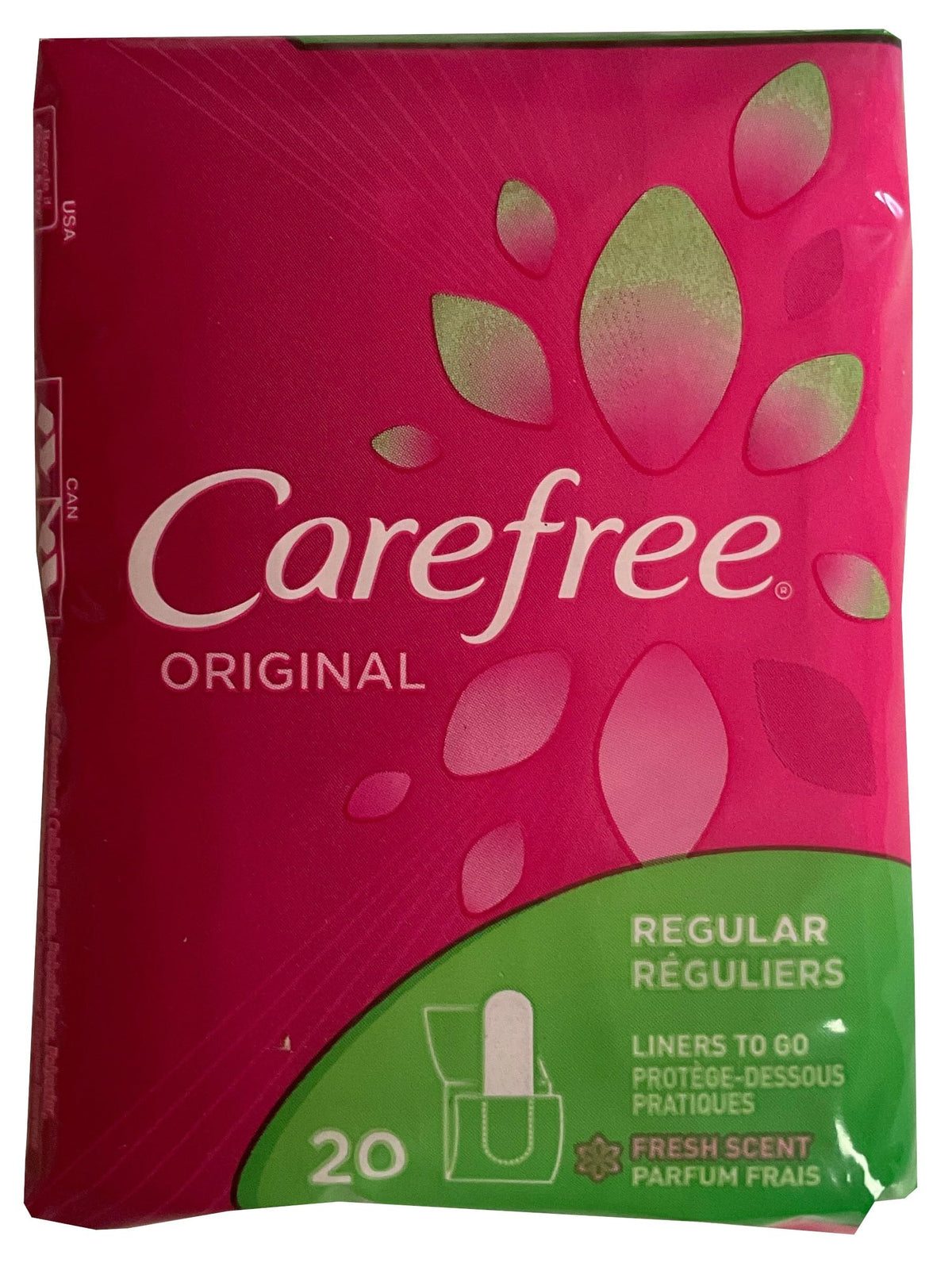 Carefree Regular Scented Pantiliners with Baking Soda, 20 count, showing the product packaging and individual pantiliner.