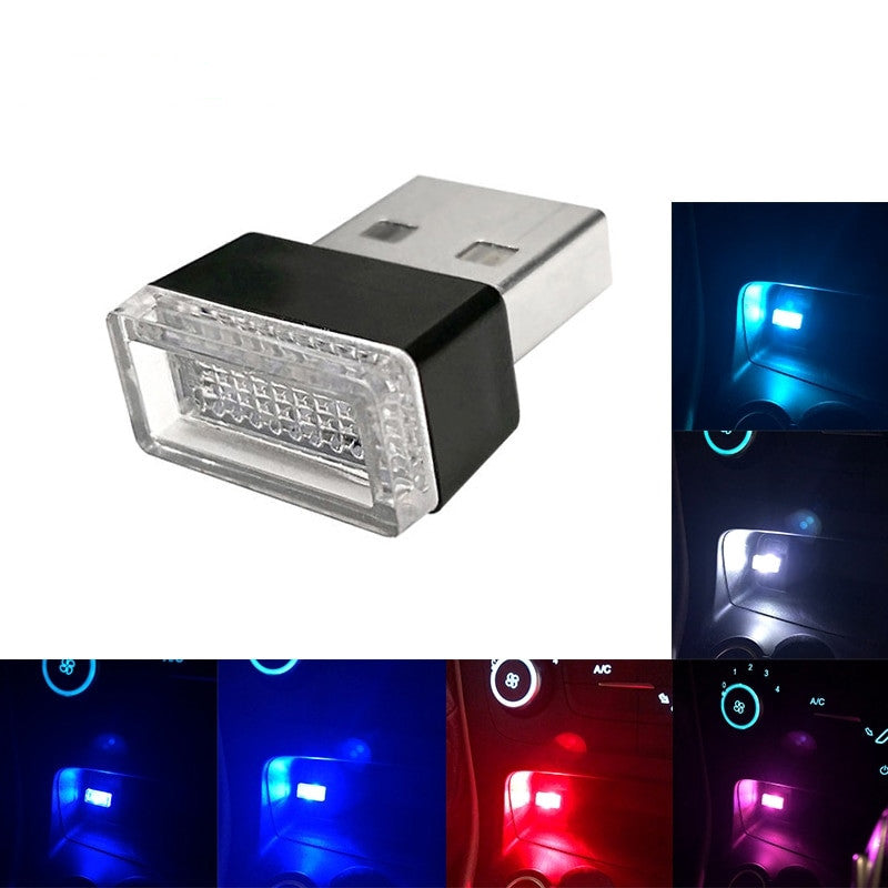 Small USB car indoor night light in compact design, shown illuminated for use inside vehicles