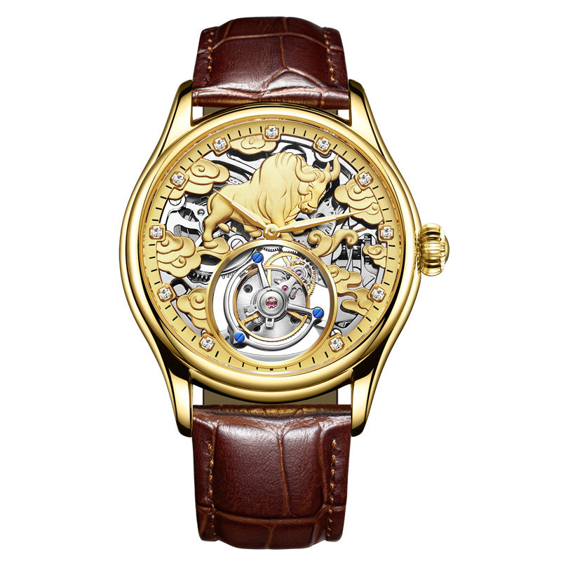 Double-sided gemstone glass mechanical watch with visible intricate inner movement and polished case