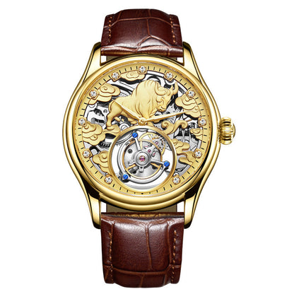 Double-sided gemstone glass mechanical watch with visible intricate inner movement and polished case