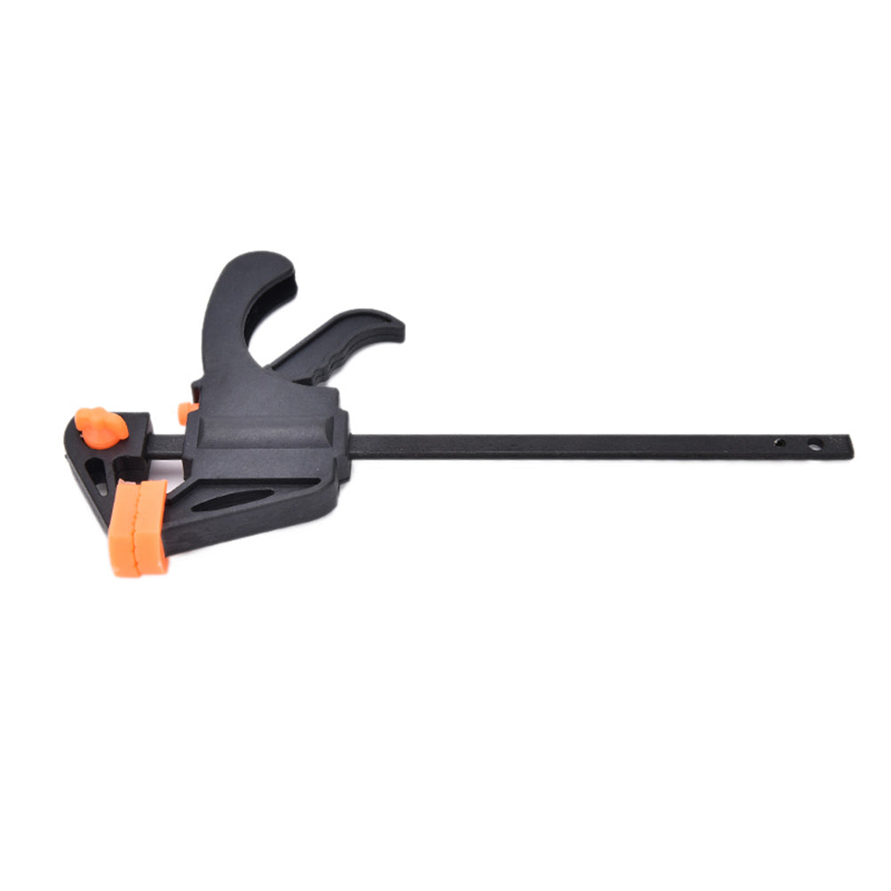 Woodworking F-clamp, type 0, black metal frame with orange handle and adjustable jaw