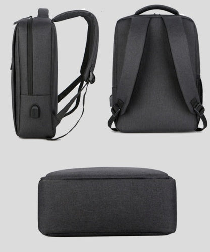Waterproof shockproof rechargeable backpack laptop bag in black with padded compartments