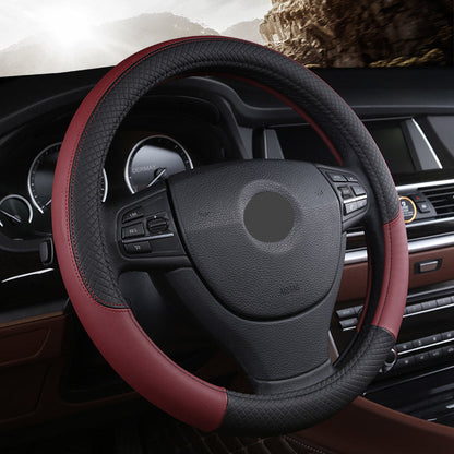 Universal leather car steering wheel cover in black, close-up view