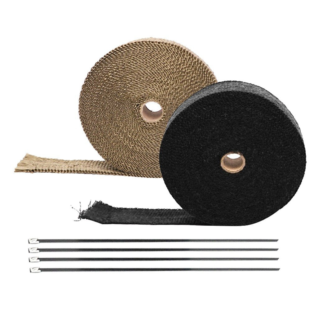 Motorcycle exhaust pipe insulation belt shown rolled with textured heat-resistant wrapping surface