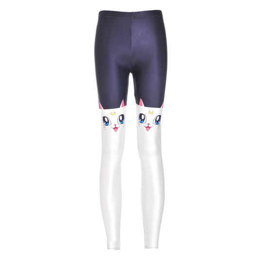 Women’s white cat print fitness leggings by My Store