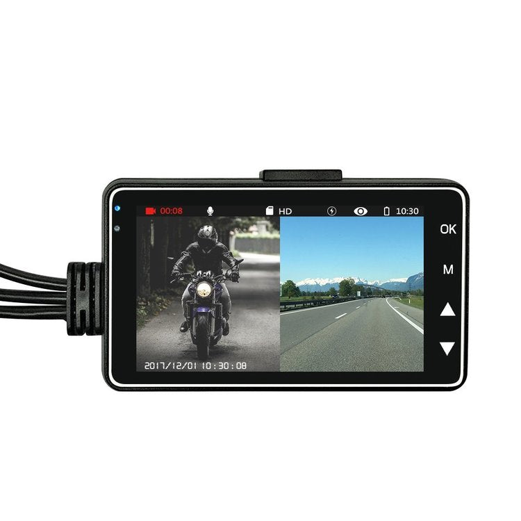 Motorcycle dash cam mounted on handlebars for recording rides