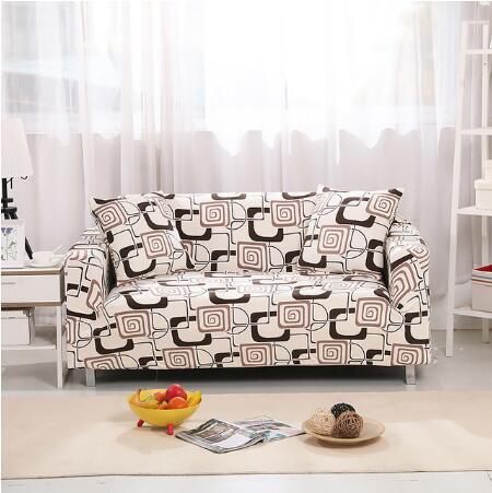 Elastic universal sofa cover in a neutral design, shown fitted over a sofa for full furniture protection
