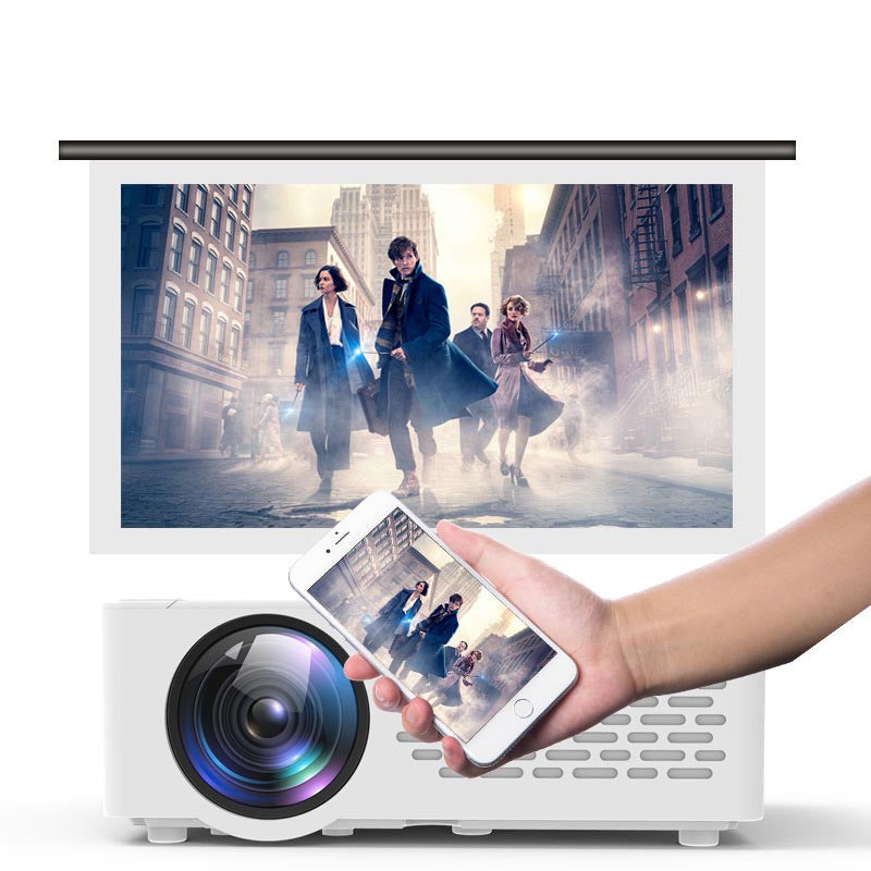 Portable home mini projector with smartphone connectivity and projection screen setup