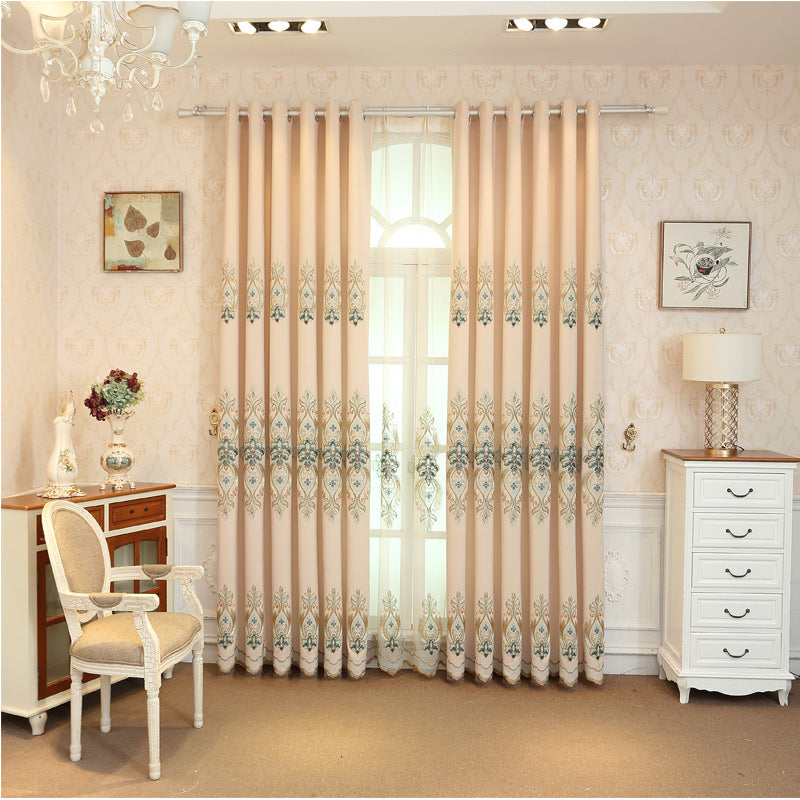 Slub cotton embroidery curtain fabric with textured weave and decorative stitched detail