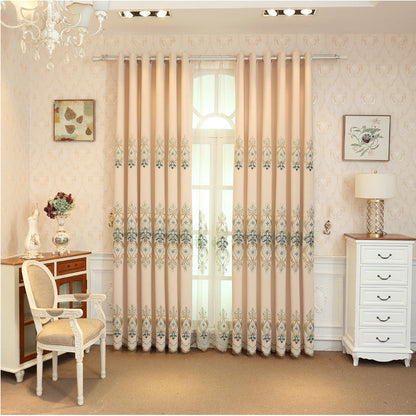 Slub cotton embroidery curtain fabric with textured weave and decorative stitched detail