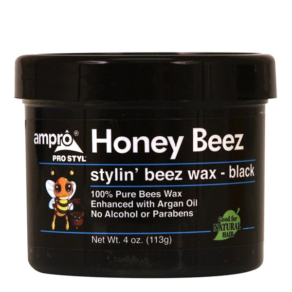 Ampro Honey Beez Wax Black 4 Oz hair styling wax in a jar, used for textured and styled hair, from Pasteur Pharmacy.